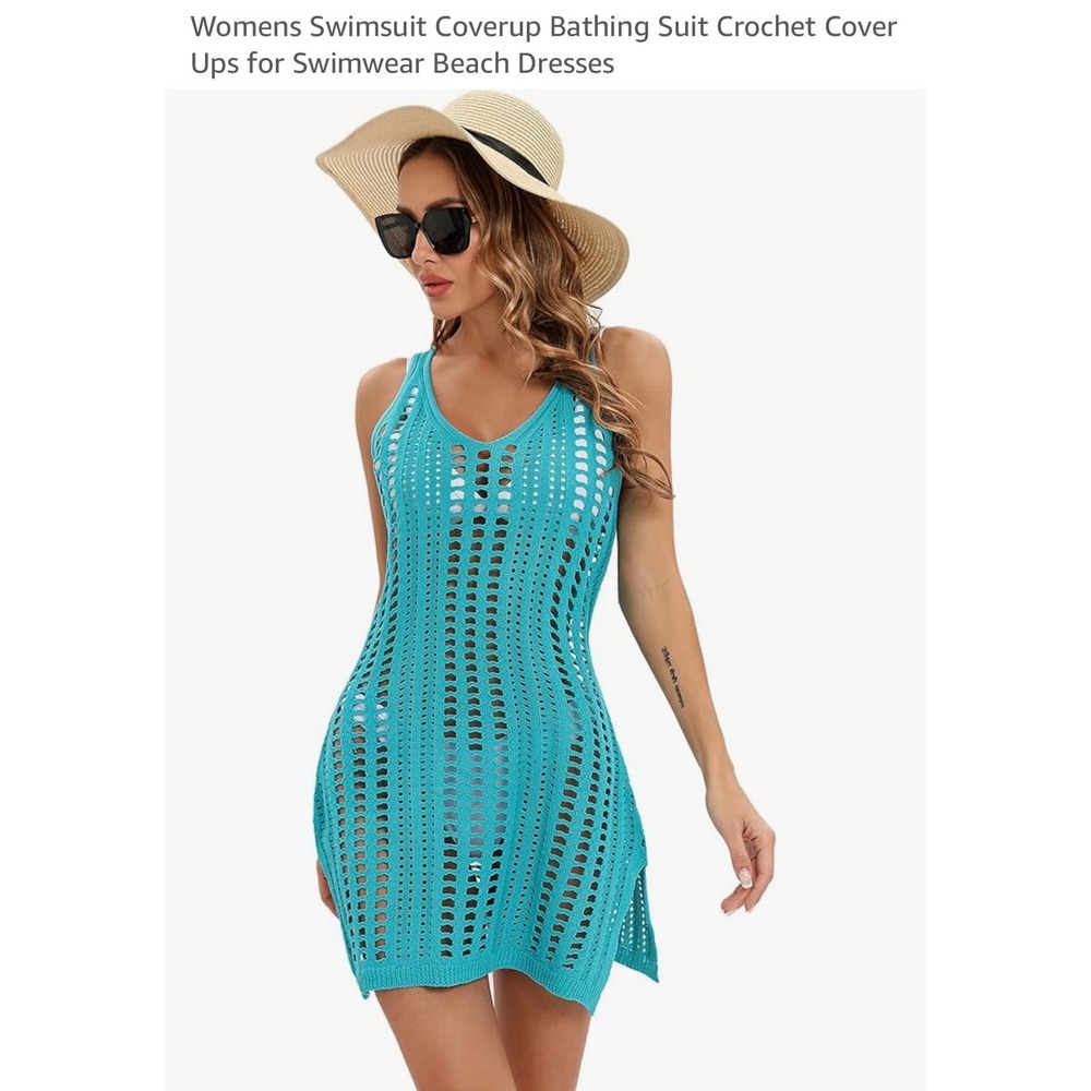 Womens Teal Blue Crochet Knit Swim Cover Up Dress Sleeveless V-Neck Size S